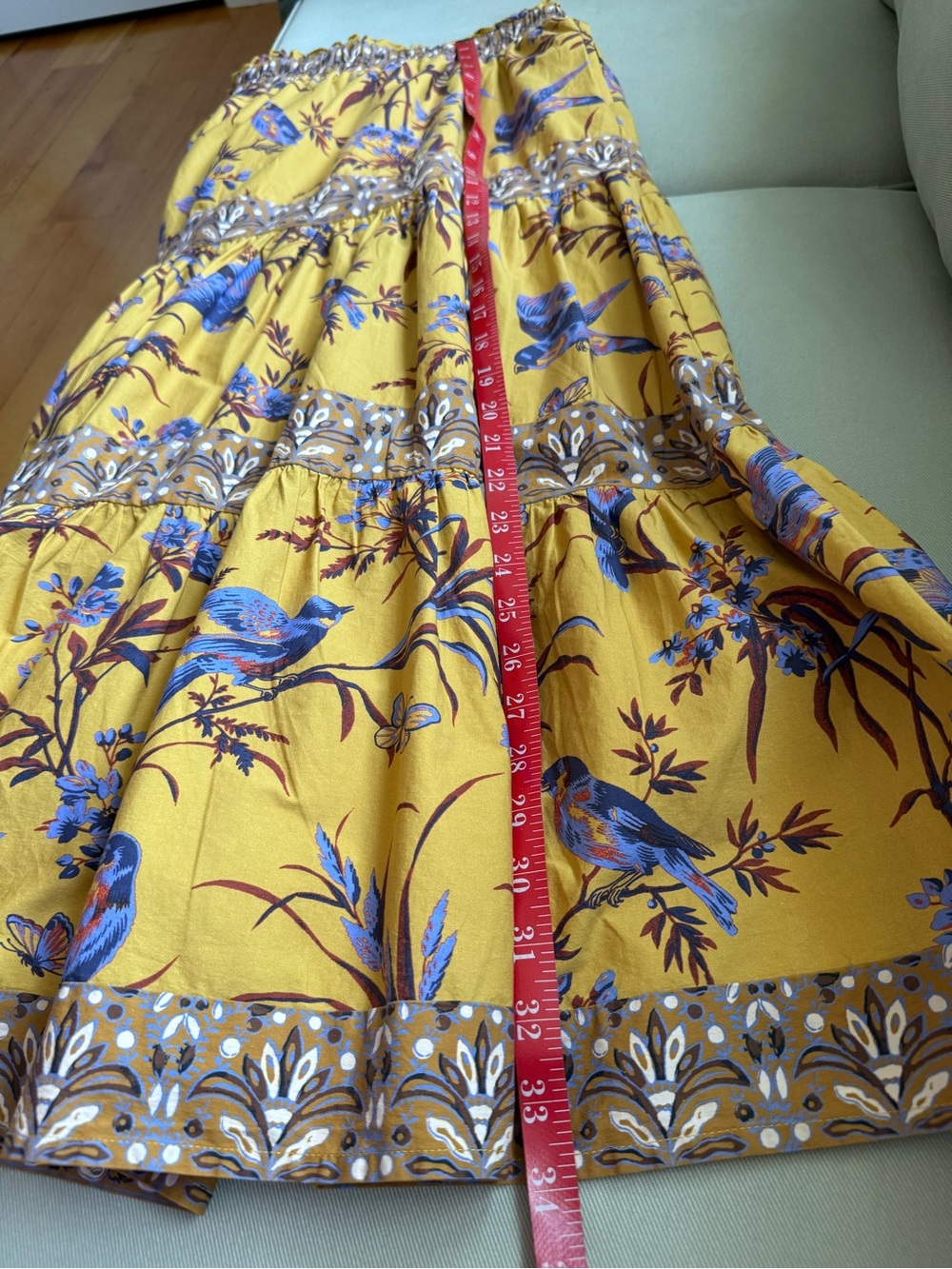 Sundance Parisian Menagerie Tiered Bird Print Midi Skirt in Mustard, Lined, XL - Picture 14 of 14
